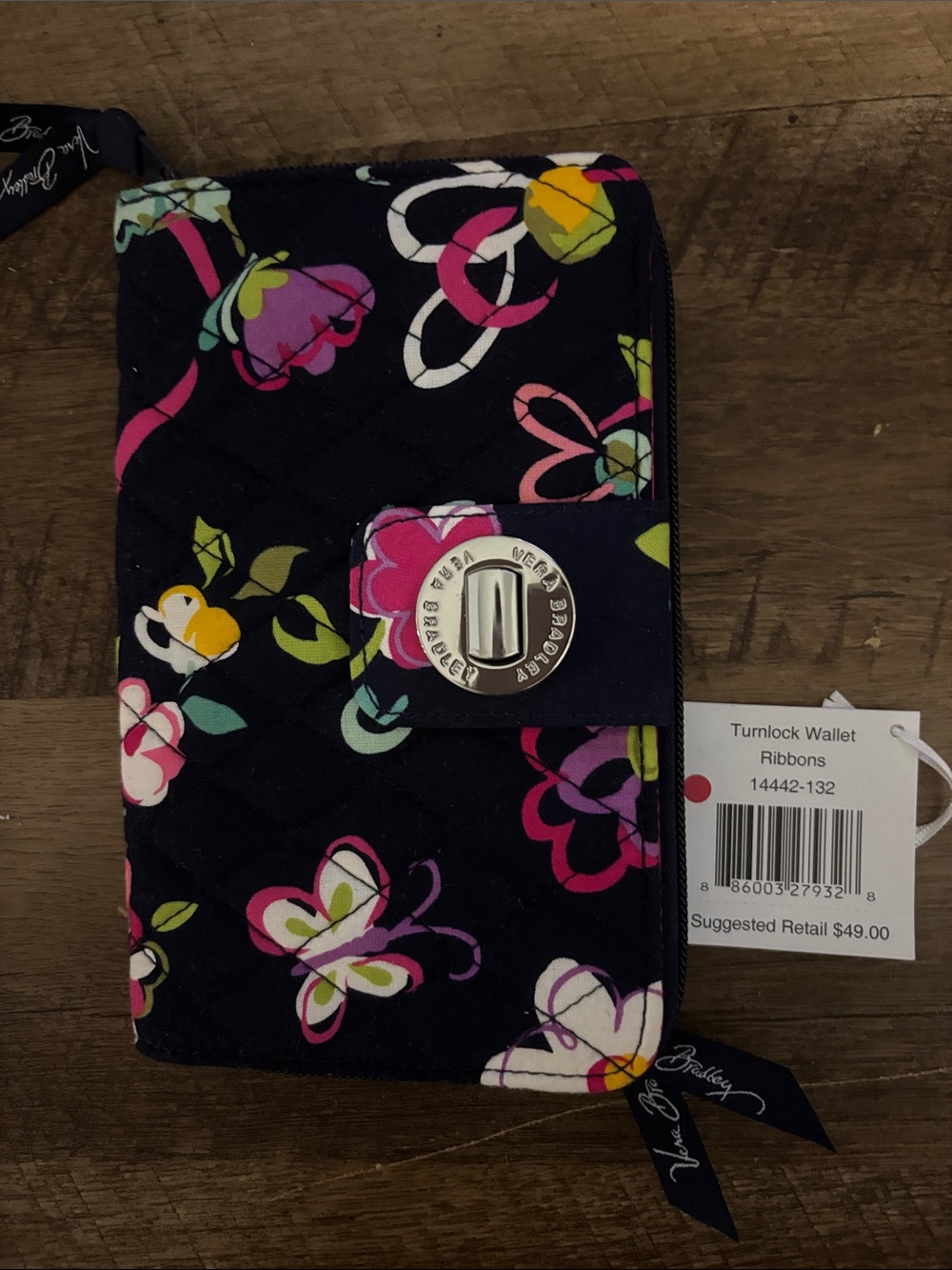 NWT Vera Bradley Black Quilted Wallet with Multicolor Floral & Ribbon Print